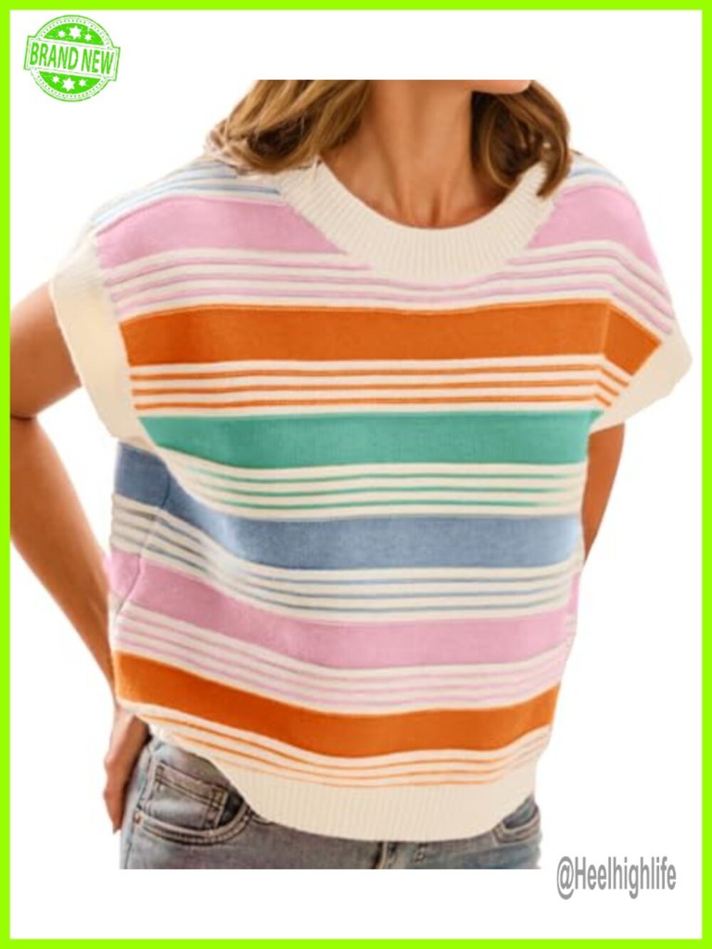 Womens Striped Cap Sleeve Sweater Vest Color Block Knit Tank Top